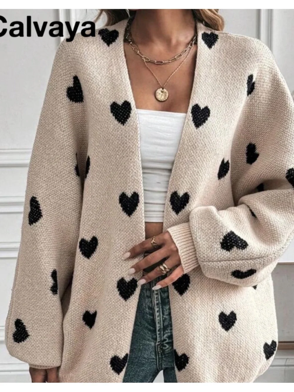 Women's Cream Heart-Print Open Cardigan Sweater